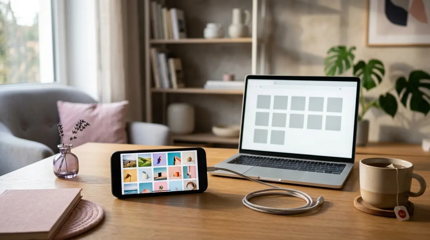 A smartphone showing a grid of colourful photo thumbnails next to an open laptop