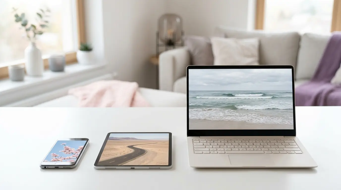 A smartphone, a tablet and a laptop side by side on a white desk, each showing a nature photo