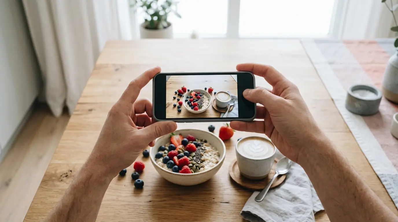 Two hands holding a smartphone over a breakfast bowl and a coffee, photographing the table