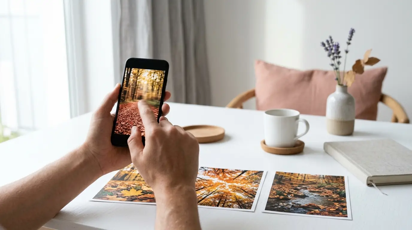 A hand swiping between photos on a smartphone, with printed copies of the same series on the table