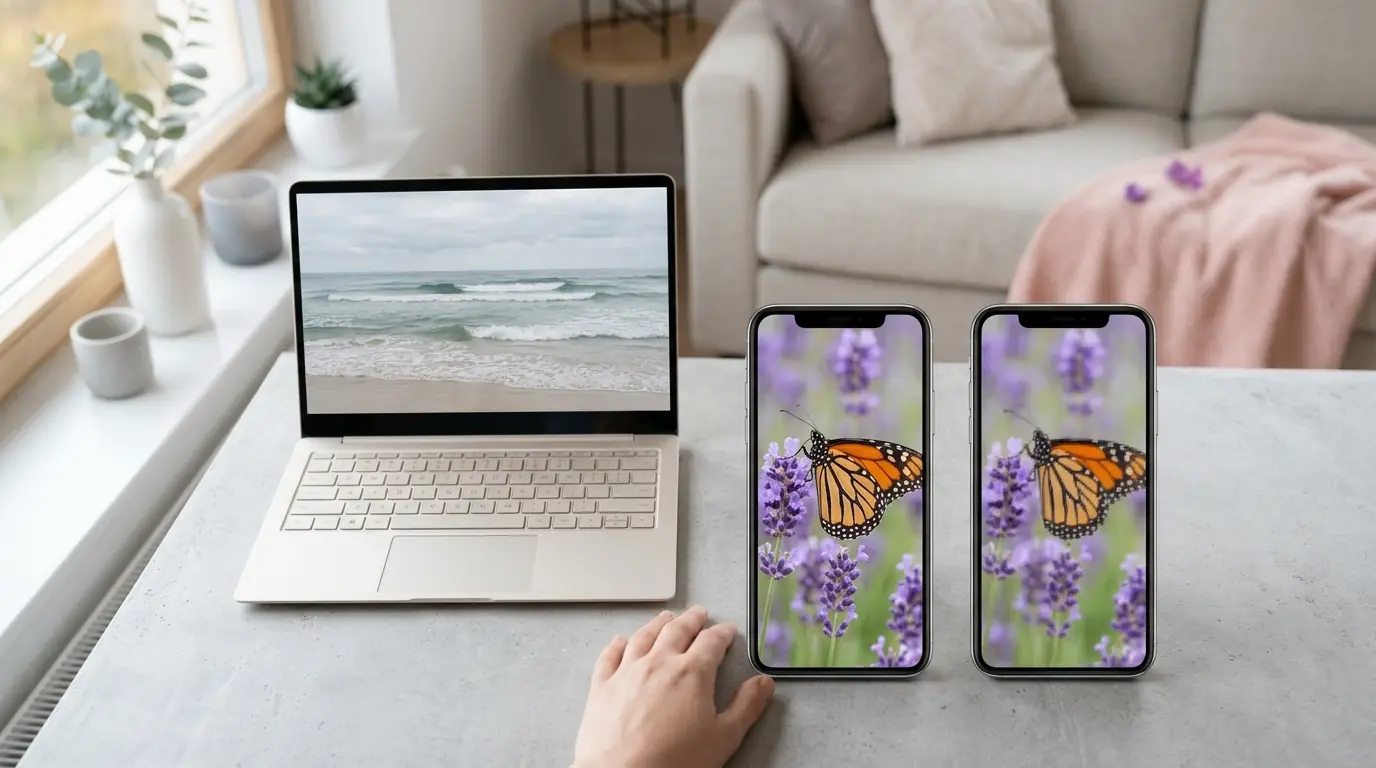 A laptop and two smartphones on a table, both phones showing the same close-up of a butterfly on lavender
